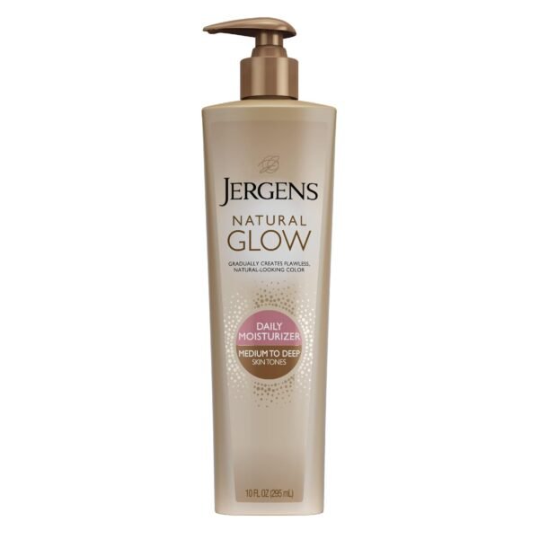 Jergens Natural Glow Self Tanner Body Lotion, Sunless Tanning, Medium to Deep Skin Tone, Daily Moisturizer with Coconut Oil, Vitamin E and Antioxidants 10 Oz