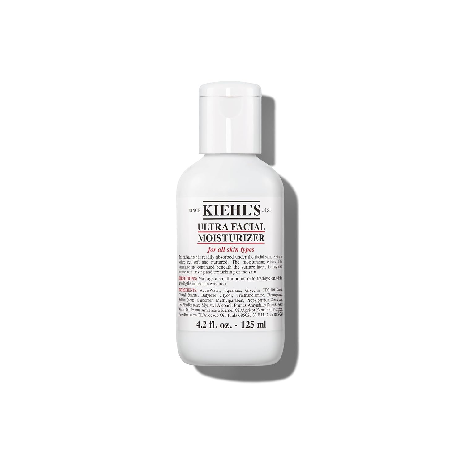 Kiehl's Ultra Facial Moisturizer, for Easy Daily Hydration, Infused with Squalane and Glycerin, Replenishes Moisture Barrier and Softens Skin, Suitable for All Skin Types, Fragrance-Free