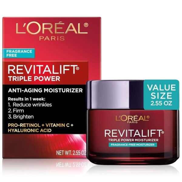 L'Oreal Paris Revitalift Triple Power Anti-Aging Face Moisturizer, Fragrance Free, Pro Retinol, Hyaluronic Acid & Vitamin C to Reduce Wrinkles, Firm & Brighten Skin, 2.55 Oz