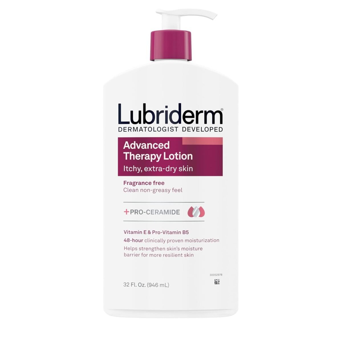 Lubriderm Advanced Therapy Moisturizing Hand and Body Lotion + Pro-Ceramide with Vitamin E and Pro-Vitamin B5, Non-Greasy, Fragrance-Free, Intense Hydration for Itchy, Extra Dry Skin, 32 FL OZ