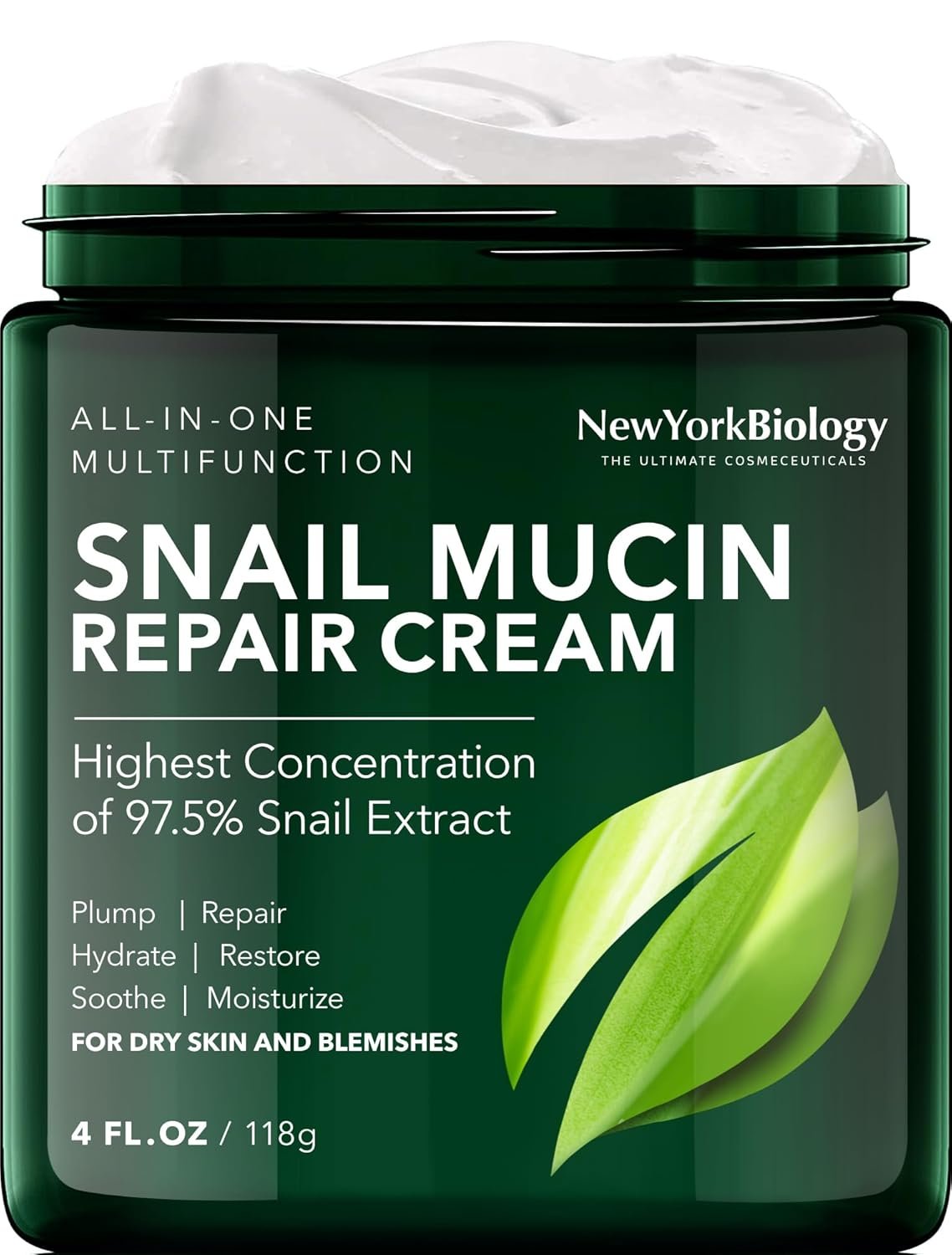 New York Biology 97.5% Korean Snail Mucin Moisturizer - Face Cream 4 Fl Oz - 100 g - Face Moisturizer for Dry Skin - Skin Care Moisturizing and Hydrating Facial Moisturizer