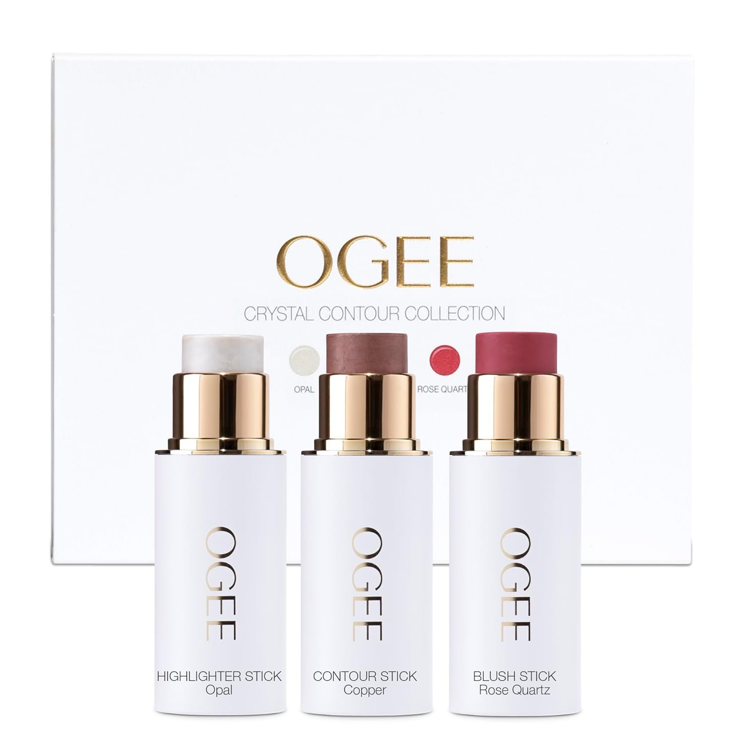 Ogee Face Stick Crystal Collection Trio - Contour Stick Makeup Collection - Certified Organic Contour Palette - Includes Bronzer Stick, Blush Stick & Highlighter Stick