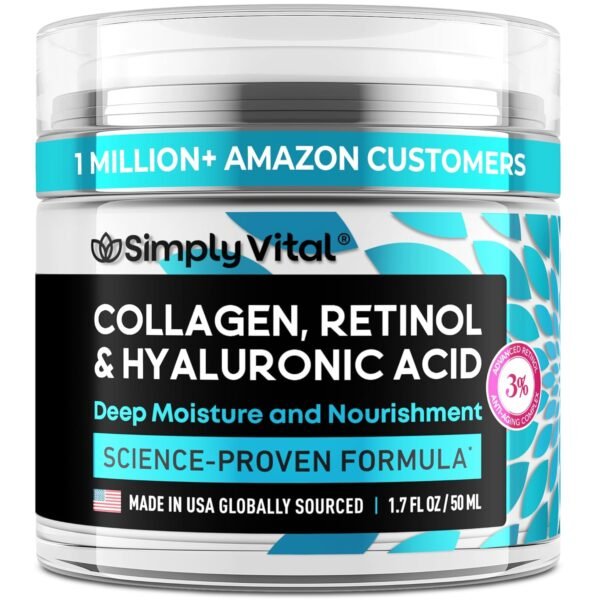 SimplyVital Collagen, Retinol & Hyaluronic Acid Cream - Anti-Aging Face Moisturizer for Face, Neck & Décolleté - Made in USA, Daily Moisturizer Face Cream - 1.7 fl.oz.