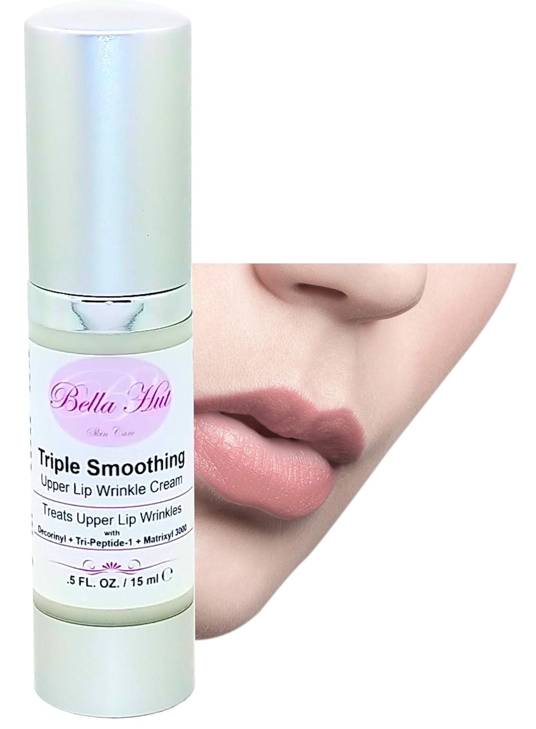 Bellahut's Triple Smoothing Upper Lip Wrinkle Cream (.5 OZ Airless Pump Bottle), Helps to reduce upper lip wrinkle with Tripeptide-10 Citrulline, Tripeptide-1, Pnetapeptide-3 & Terapeptide-7