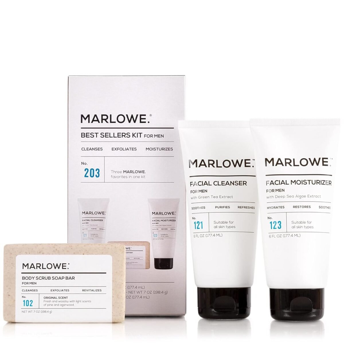 Best Sellers Kit No. 203, Features Signature No. 102 Original Body Scrub Soap Bar, No. 121 Facial Cleanser & No. 123 Facial Moisturizer, Great Gift for Men