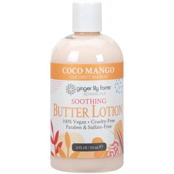 Ginger Lily Farms Botanicals Soothing Butter Lotion for Dry Skin, Coco Mango, 100% Vegan & Cruelty-Free, Coconut Mango Scent, 12 Fl Oz