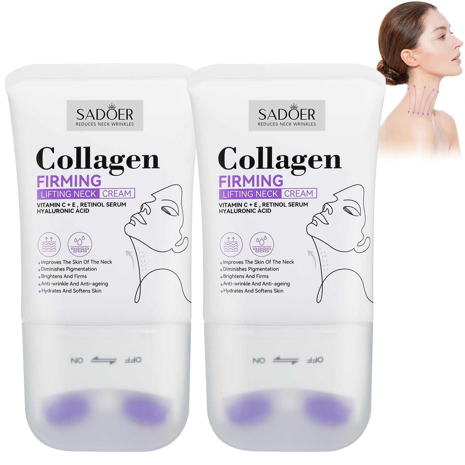 Sadoer Neck Collagen Cream, Neck Creams for Tightening and Firming, Sadoer Collagen Firming Cream for Loose Skin, Tighten and Lift Neck Cream with Roller, Tightens&Smooths Wrinkles (2PCS)