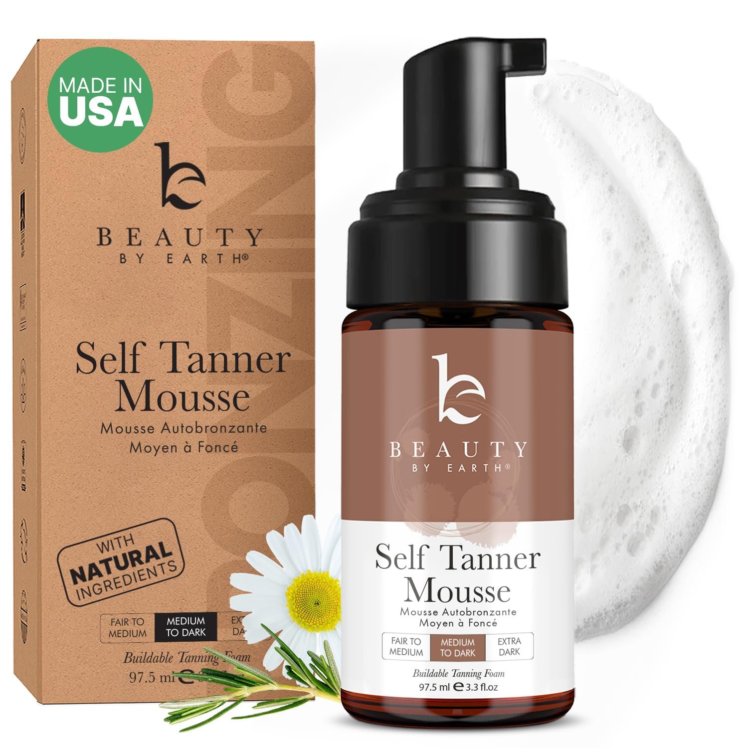 Self Tanner Mousse - USA Made with Natural & Organic Ingredients, Self Tanning Mousse for Dark Fake Tan, Sunless Tanner, Clear & Non Toxic Tanning Foam for Streak Free Finish, No Nasty Smell