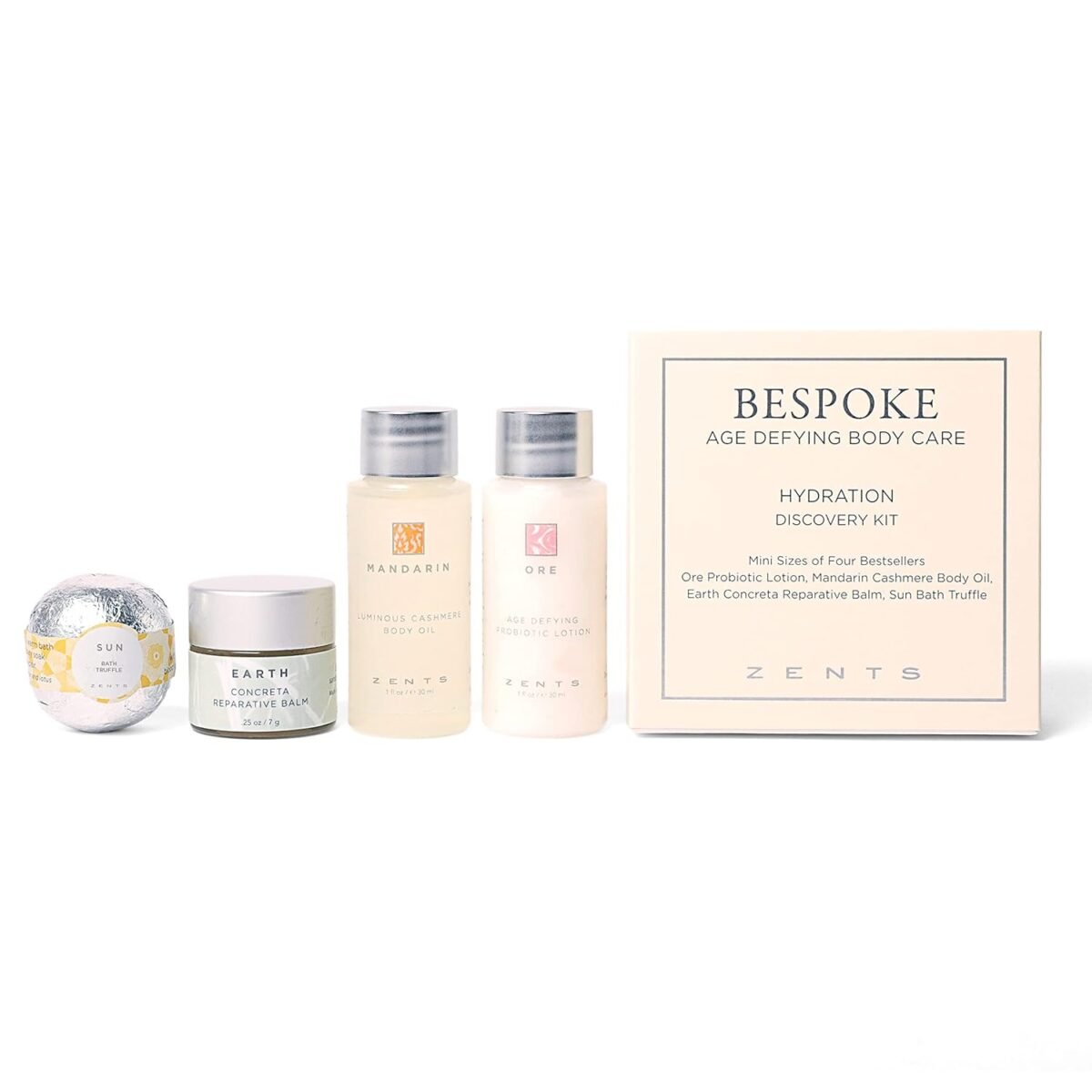 Zents Hydration 4-pc Mini Set, Age defying Best Sellers Hydration Kit with Ore Probiotic Lotion, Mandarin Body Oil, Earth Reparative Balm & Sun Bath Bomb