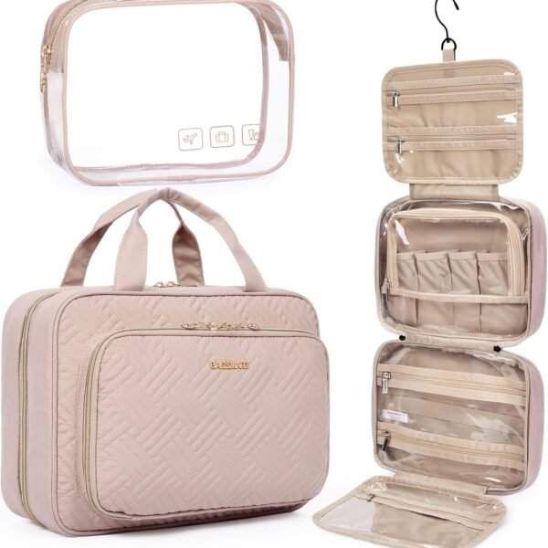 BAGSMART Toiletry Bag Hanging Travel Makeup Organizer with TSA Approved Transparent Cosmetic Bag Makeup Bag for Full Sized Toiletries, Large-Pink