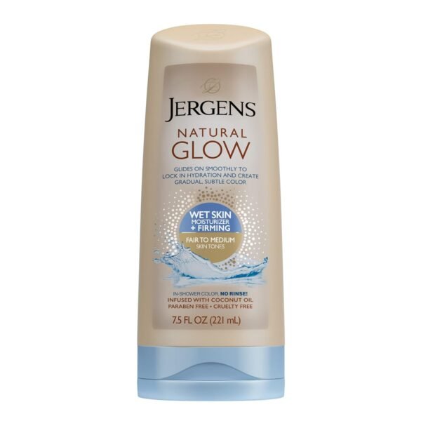 Jergens Natural Glow +FIRMING In-shower Self Tanner for Fair to Medium Skin Tones, Anti Cellulite Firming Body Lotion, Wet Skin Lotion for Gradual and Natural-Looking Fake Tan, 7.5 Ounce