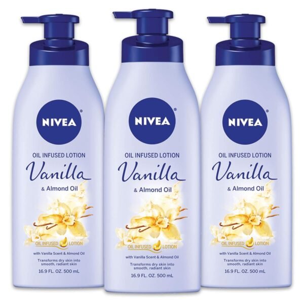 NIVEA Oil Infused Vanilla and Almond Oil Body Lotion for Women, Fast-Absorbing and Non-Greasy Vanilla Scented Lotion Moisturizes for 48 Hours, 16.9 Fl Oz Pump Bottle, Pack of 3