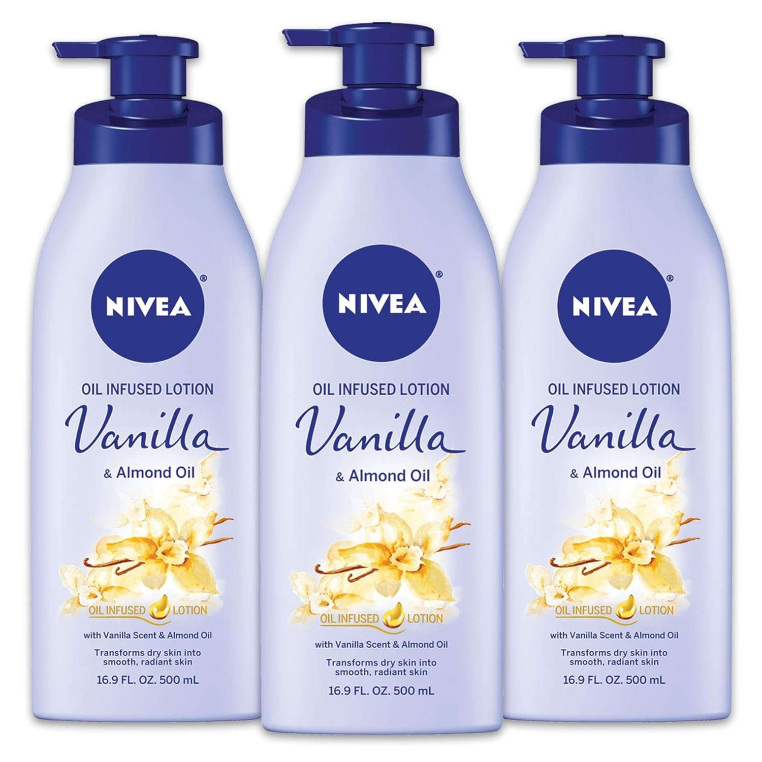 NIVEA Oil Infused Vanilla and Almond Oil Body Lotion for Women, Fast-Absorbing and Non-Greasy Vanilla Scented Lotion Moisturizes for 48 Hours, 16.9 Fl Oz Pump Bottle, Pack of 3