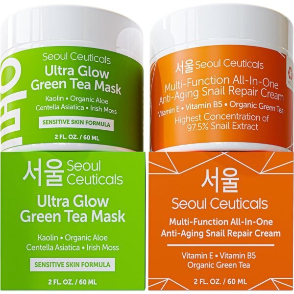 SeoulCeuticals Korean Skin Care Set - Korean Green Tea Face Mask + Korean Snail Cream Moisturizer - Potent Korean Skincare Set Eliminates Dull Dry Skin for Healthy K Beauty Glow