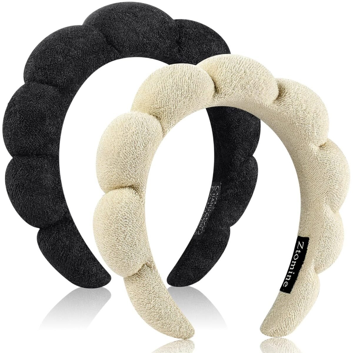 Skincare Headband, Set of 2 - Terry Cloth Face Wash Headband Combo Pack - Puffy Makeup Headbands for Face Washing, Mask (beige + black)