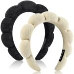 Skincare Headband, Set of 2 - Terry Cloth Face Wash Headband Combo Pack - Puffy Makeup Headbands for Face Washing, Mask (beige + black)