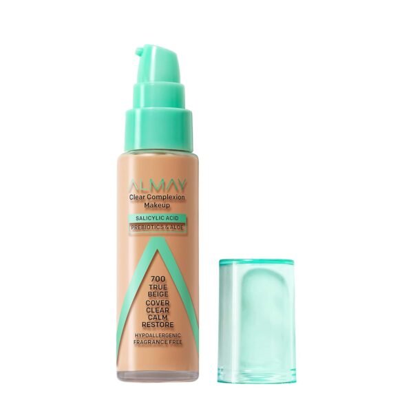 Almay Clear Complexion Acne Foundation Makeup with Salicylic Acid, Medium Coverage, Soft Matte Finish, Hypoallergenic, Cruelty- & Fragrance-Free, Dermatologist Tested, 700 True Beige, 1 fl oz