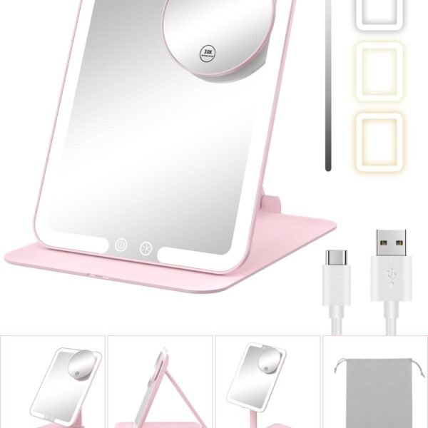 Gospire Travel Makeup Mirror with Lights and Magnification 10X, Portable Make Up Compact Tabletop Mirror with Adjustable Stand, 3 Colored Lights Rechargeable Lighted LED Vanity Mirror - Pink