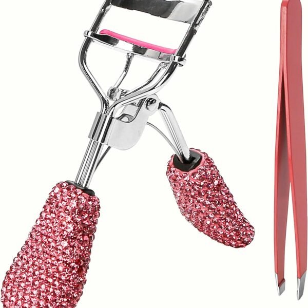 Pink Eyelash Curlers with Slant Tip Tweezer Pink Bling Crystal Rhinestone Eyelashes Curls for Dramatic Long Lasting Seamless Brilliant Eyes, Best Bedazzled Makeup Stuff Things For Mascara Asian Beauty