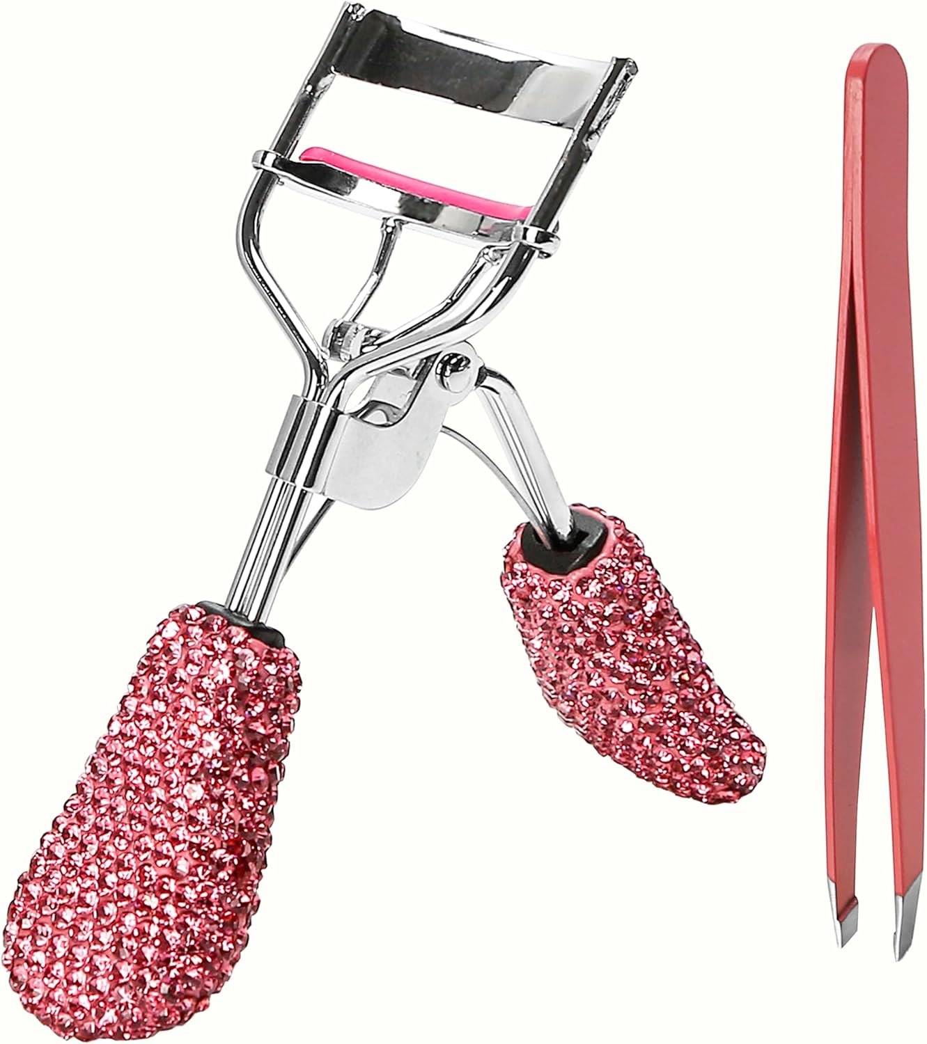 Pink Eyelash Curlers with Slant Tip Tweezer Pink Bling Crystal Rhinestone Eyelashes Curls for Dramatic Long Lasting Seamless Brilliant Eyes, Best Bedazzled Makeup Stuff Things For Mascara Asian Beauty
