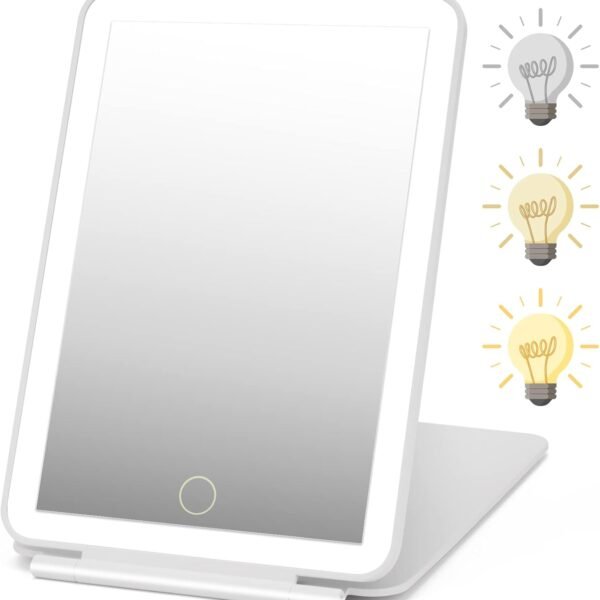 Rechargeable Travel Makeup Mirror 72 LED Lighted Compact Slim Vanity with Lights 3 Lighting Modes Dimmable Touch Screen (White),(DenCert)