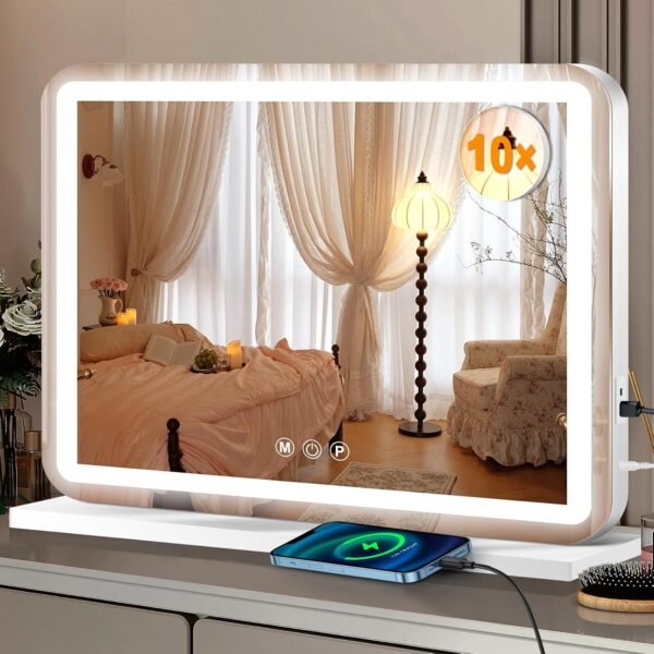 Vanity Mirror with Lights, Led Makeup Mirror, Lighted Makeup Mirror with 3 Color Dimmable Lights, Smart Touch Screen Control, Aluminum Metal Frame,USB Charging Port（23" L x 18" W）
