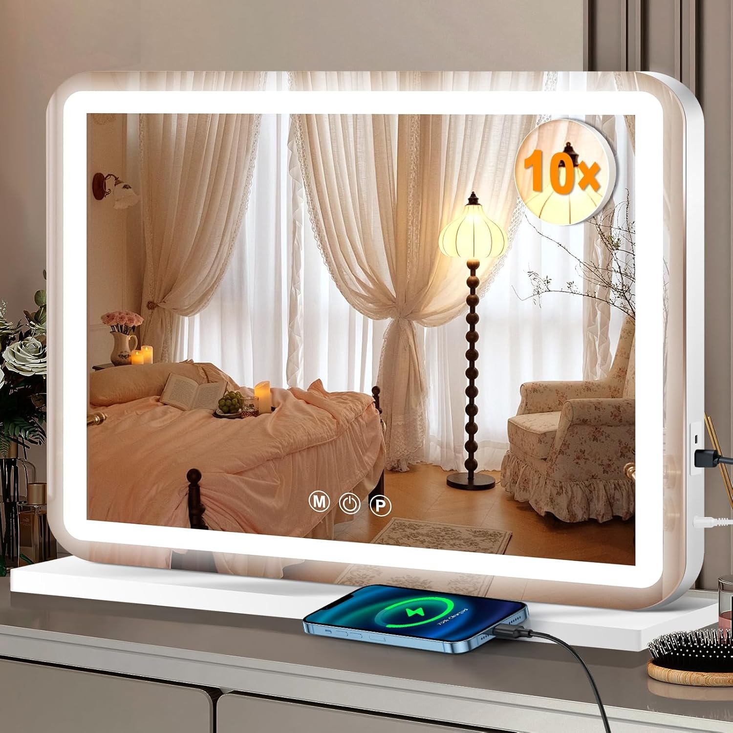 Vanity Mirror with Lights, Led Makeup Mirror, Lighted Makeup Mirror with 3 Color Dimmable Lights, Smart Touch Screen Control, Aluminum Metal Frame,USB Charging Port（23" L x 18" W）